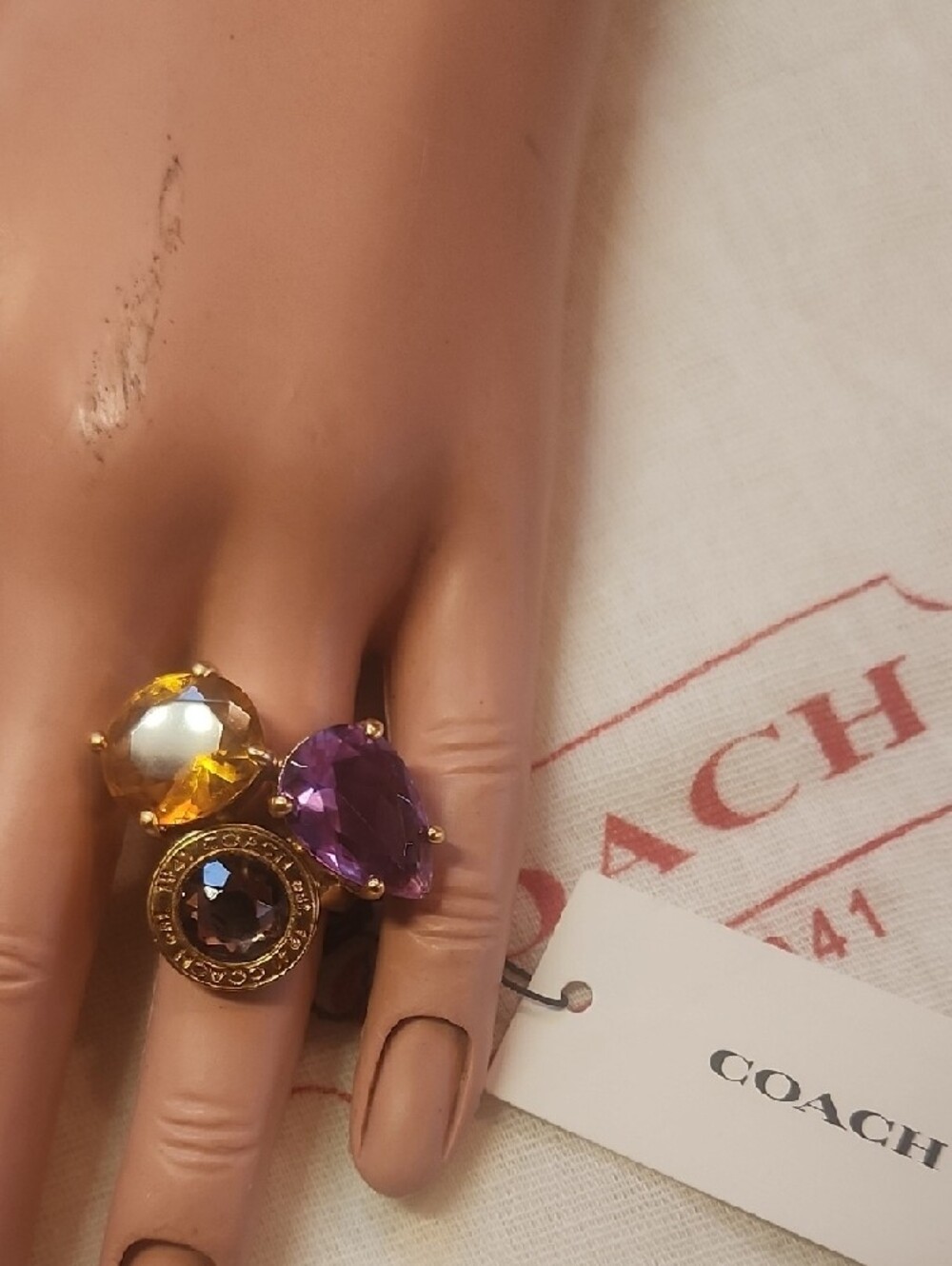 Coach Gold-Tone Ring with Purple and Amber Stones - Picture 2 of 9